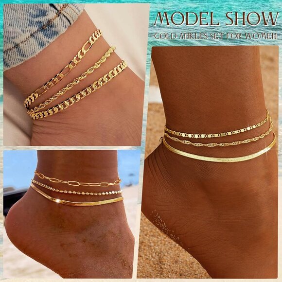 Gorgeous Waterproof Gold Anklet Set - 5 Layered Cuban Link Bracelets for Women - Picture 2 of 5